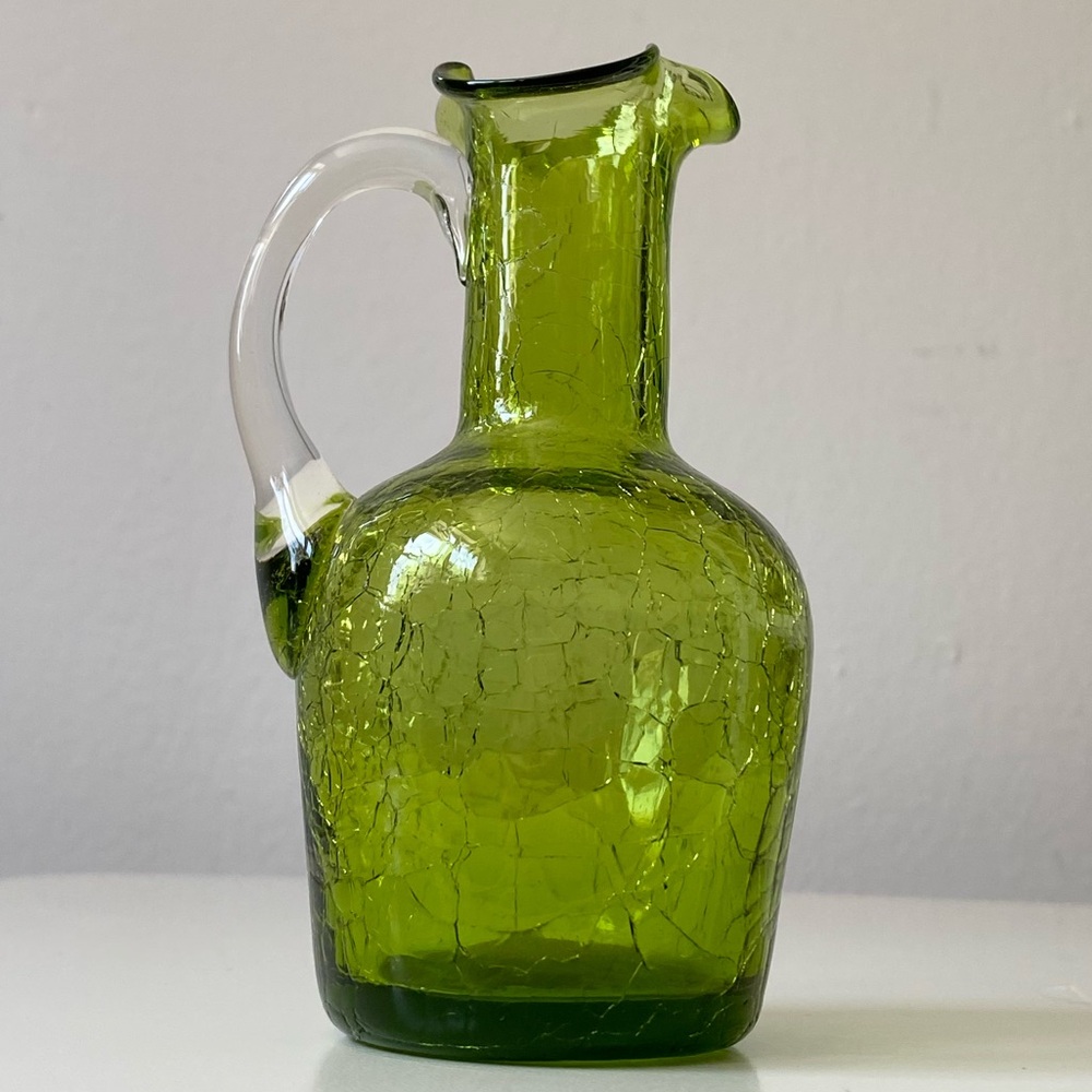 Vintage Pilgrim Art Glass Olive Green Crackle Mini Pitcher with Clear Handle